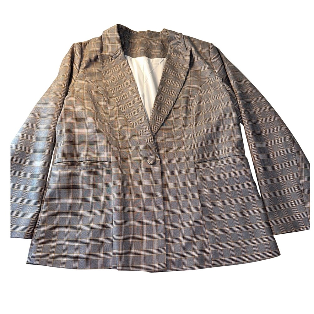Womens Grey Plaid Blazer Single Button Glen Check Jacket 2XL